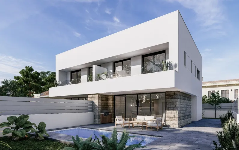 Færdiggøres i december 2025, supermoderne dobbelthus med pool i Son Bauló