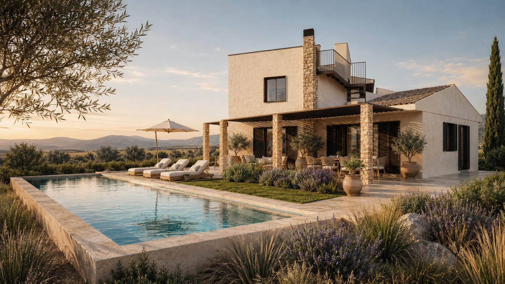 Finca mediterránea en construcción con gran piscina, cerca de la Playa de Muro