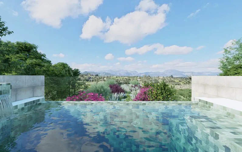 Casa de pueblo de obra nueva con vistas panorámicas, piscina & jardín en Llubí