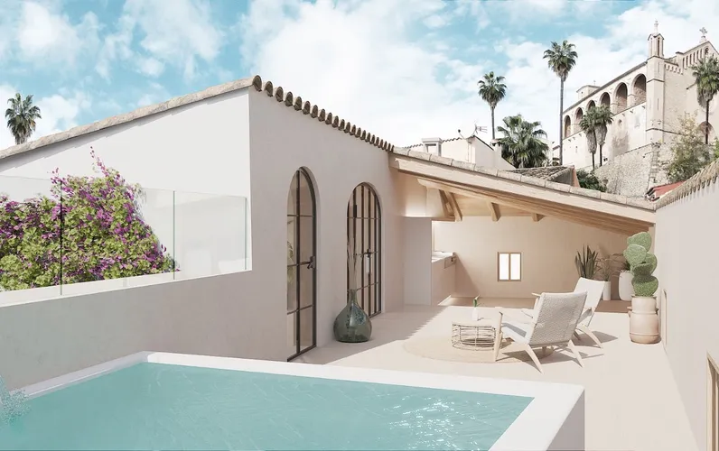 Moderna casa de pueblo con piscina y azotea