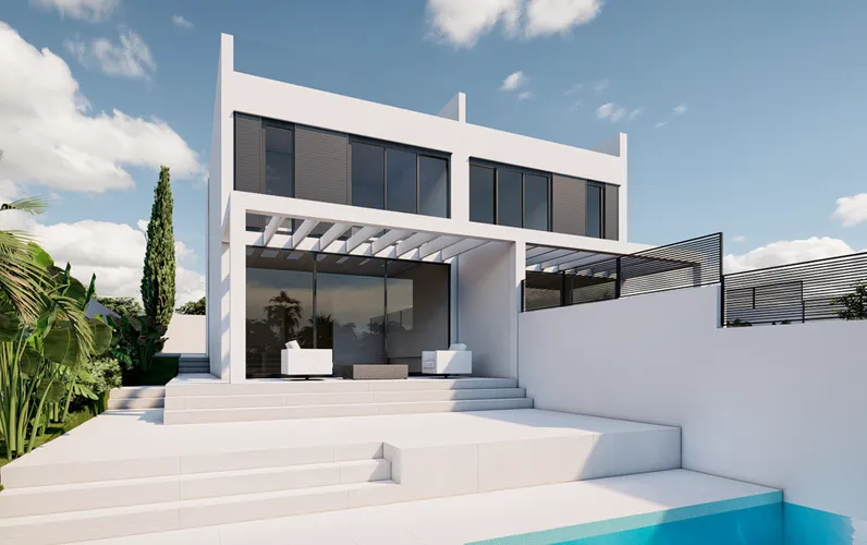 Nieuwbouwproject: Moderne twee-onder-een-kapwoning met gedeeltelijk uitzicht op zee in Bahia Azul