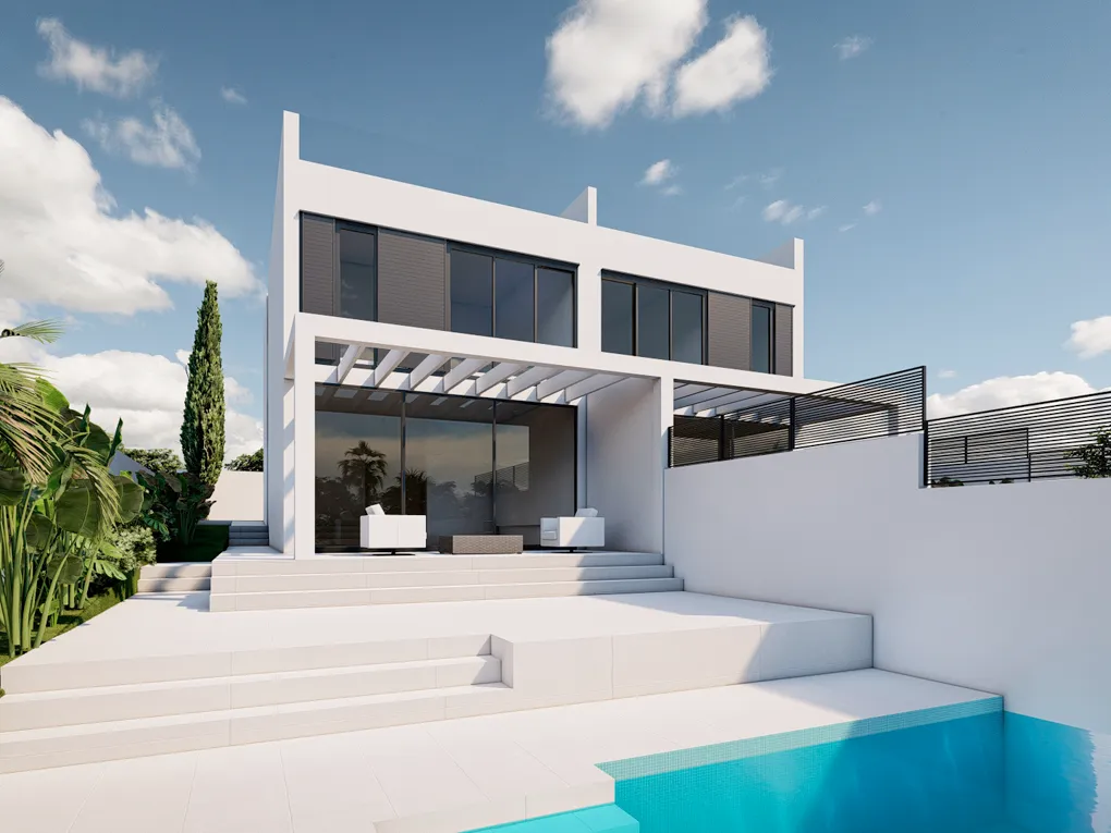 Nieuwbouwproject: Moderne twee-onder-een-kapwoning met gedeeltelijk uitzicht op zee in Bahia Azul-1