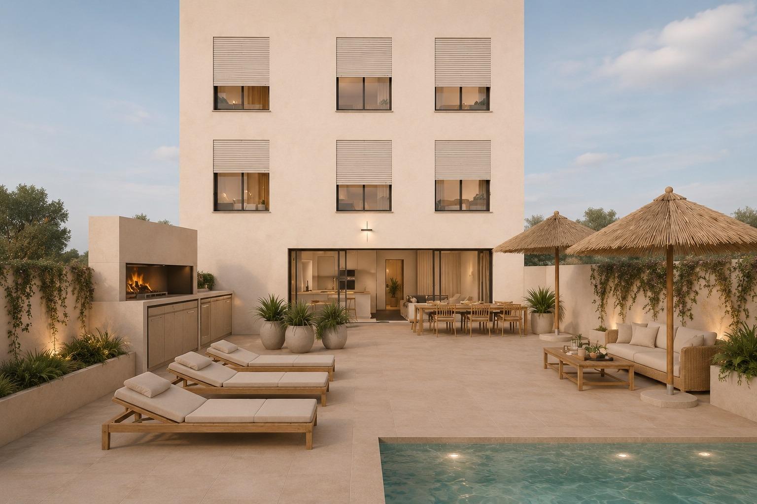 Designappartement op de begane grond met privézwembad vlak bij het strand