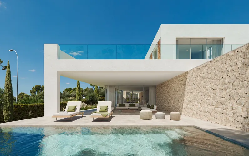 Moderna villa de obra nueva con piscina privada y gran terraza con vistas al mar